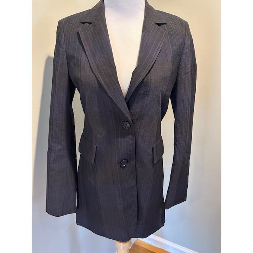 Akris Navy Pinstriped Silk & Cotton Navy Blazer Sz 4 NWT - Picture 2 of 5